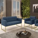Ver imagem 2 de Kit 1 Sofá Namoradeira e 1 Poltrona Elisa Suede Azul Marinho Base Metálica Industrial Dourada - D'Ro