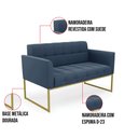 Ver imagem 5 de Kit 1 Sofá Namoradeira e 1 Poltrona Elisa Suede Azul Marinho Base Metálica Industrial Dourada - D'Ro