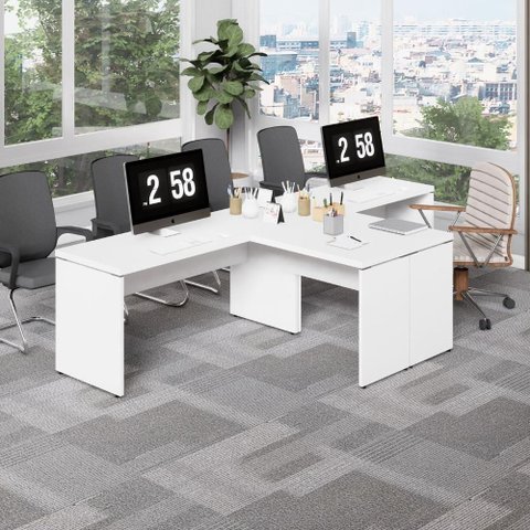 Mesa em L Escritório 2 Lugares sem Gavetas MDP 300cm Branco F5 Office