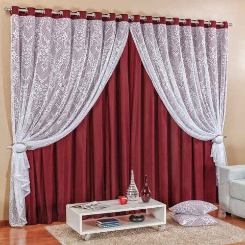 Cortina Capri para Sala Vinho com Renda Varão Simples 3 Metros - Bordados Ricardo 3036v