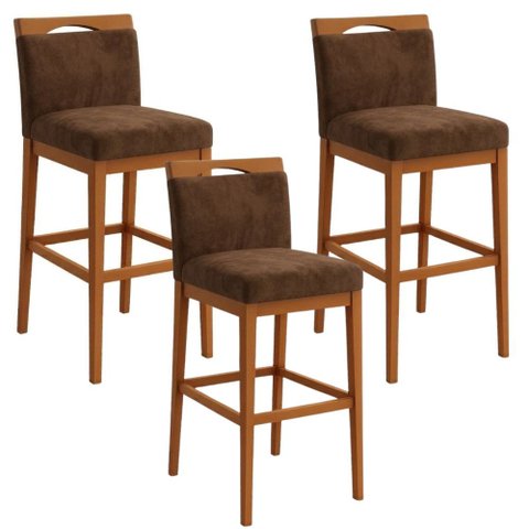 Kit 3 Banquetas Alta Cozinha Gourmet Conforto Suede:Suede Marrom