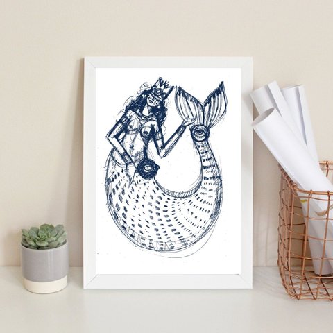 Quadro Decorativo Minimalista Iemanjá Sereia 24x18cm - com Vidro:madeira Branca