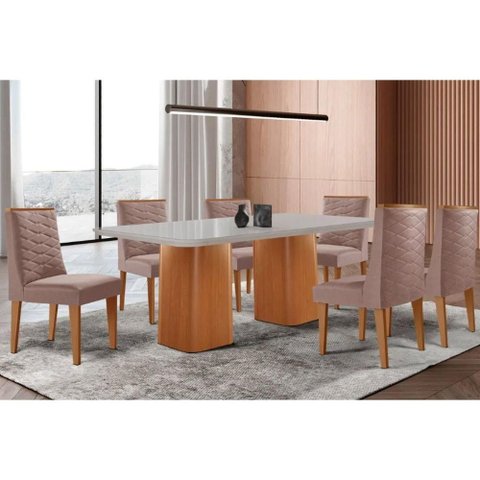 Conjunto: Mesa Sala Jantar Maldivas Tampo c/ Vidro Curvo 180cm+6 Cadeiras Dafne Madeira Naturale/Off