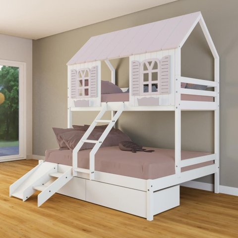 Beliche Casal/ Solteiro Casinha Bela 02 Gavetas Kit Escada/escorregador - Madeira Maciça Branco/