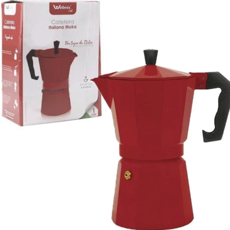 Cafeteira Moka Italiana 12 Xícaras Grande em Alumínio com Alça 600ml - Vermelho - 1