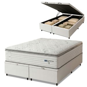 Cama Box Baú Casal King Colchão Molas Guarda Costas Max com Pillow Branco/cinza