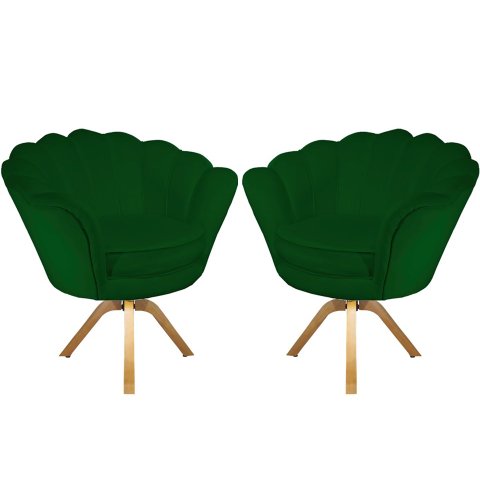 Kit 2 Poltronas Decorativa Pétala Base Giratória Madeira Suede Verde Mz Decor