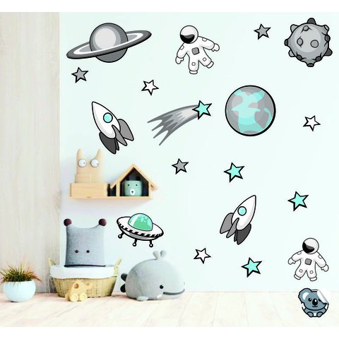 Adesivo De Parede Astronautas Foguetes Tons de Cinza