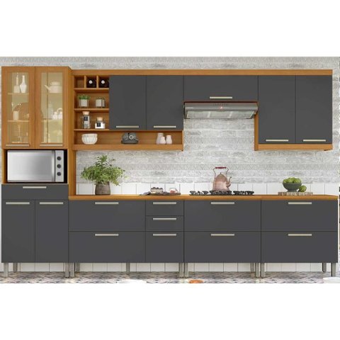 Cozinha Modulada Completa Burguesa Premium 7 Peças (3aéreos+3balcões+1paneleiro) C6p58 Freijo/