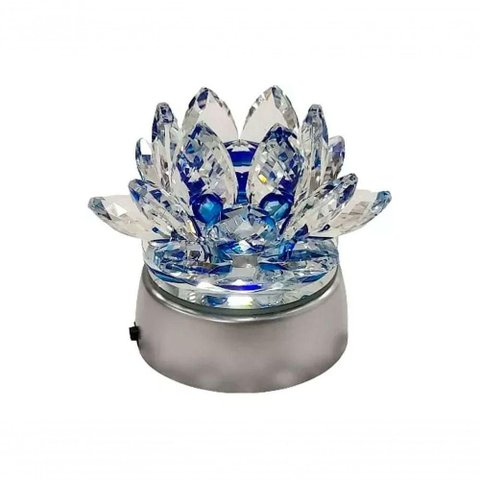 Enfeite Escultura de Vidro Flor de Lotus de 10cm com Base Espelhada Led Rgb Enfeite de Cristal Azul