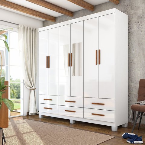 Guarda-Roupa 6 Portas 6 Gavetas com Espelho e Pés Denver Branco