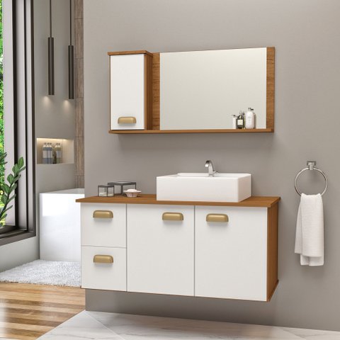 Conjunto Gabinete Banheiro Lisboa MDF 80cm com Cuba e Espelheira:Branco