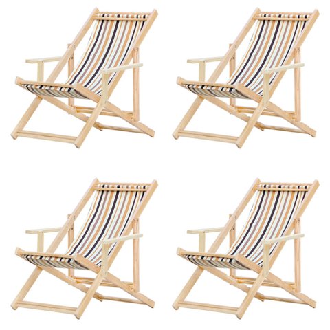 Conjunto 4 Espreguiçadeiras Preguiçosa Dobrável Madeira Maciça Natural com Tecido - Listrado Marrom