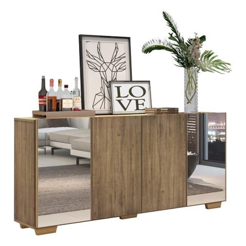 Aparador Buffet 4 Portas Com Espelho E Pés Quadrados Multimóveis V3563 Rustic/natural Rustic/