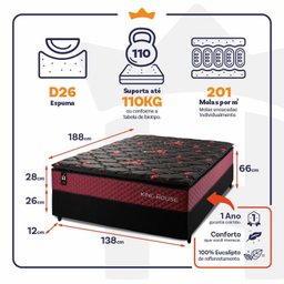 Conjunto Cama Box c/ Molas Ensacadas Toronto Vermelho Casal 138x188x66 - 3