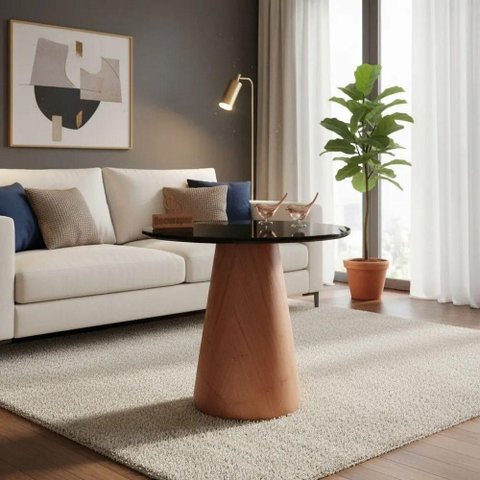 Mesa de Canto Cone Redonda Vidro Madeira 70cm Amadeirado Decoraper