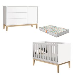 Berço Americano e Cômoda New Classic Branco com Pés Madeira Natural e Colchão Gazin – Reller - 1