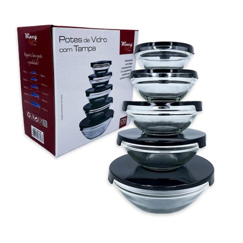 Conjunto 5 Potes de Vidro Redondo Hermético com Tampa Cor:preto
