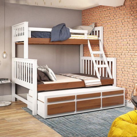 Treliche com Cama de Casal Branco Lavado/carvalho C/ Cama Auxiliar 3 Gavetas Madeira Pinus - Saraiva