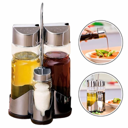 Galheteiro Porta Azeite Vinagre Saleiro Paliteiro Pimenta de Vidro com Suporte Inox 4 Peças - 1