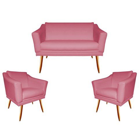 Kit Namoradeira + 2 Poltronas Decorativa Agatha Suede Rosa Pés Madeira Mz Decor
