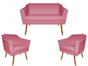 Ver imagem 1 de Kit Namoradeira + 2 Poltronas Decorativa Agatha Suede Rosa Pés Madeira Mz Decor