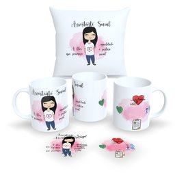 Kit com 1 Caneca de Porcelana e 1 Almofada 30x30 Personalizadas Profissões Fofas "assistente Social" - 1