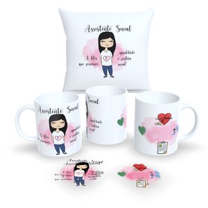 Kit com 1 Caneca de Porcelana e 1 Almofada 30x30 Personalizadas Profissões Fofas "assistente Social"