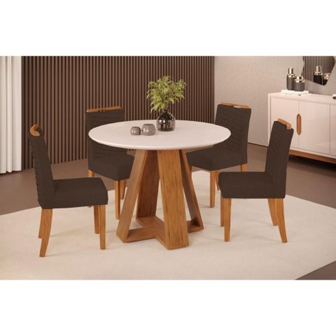 Sala de Jantar Completa Celeste C/ Tampo Madeirado C/ Vidro Redondo 103x103cm e 4 Cadeiras Lia
