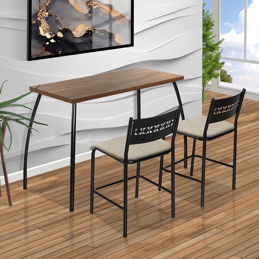 Mesa para Cozinha Pequena com Duas Cadeiras Preto e Bege Fit Flora Aço Nobre - 1