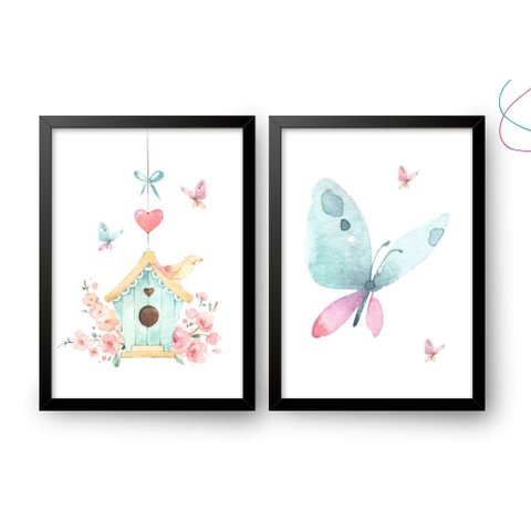 2 Quadros Decoração Borboleta Passarinho Aquarela C/ Moldura:preta