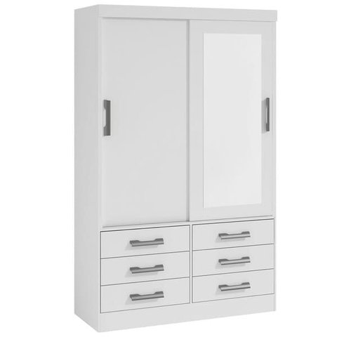 Guarda Roupa Solteiro com Espelho 2 Portas 6 Gavetas - Meridian -Branco - Móveis D'Doro