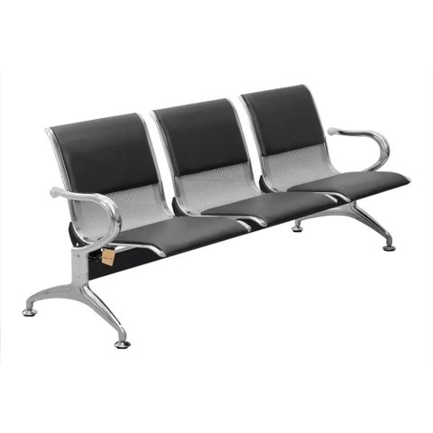 Cadeira Longarina Aeroporto Cromada Estofado Preto 3 Lugares