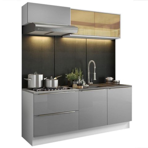 Cozinha Completa com Armário 5 Portas 2 Gavetas Branco Cinza