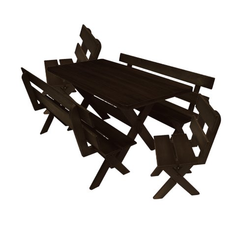 Conjunto Mesa 1,6m e 2 Bancos Com Encosto e 2 Cadeiras Madeira Maciça Eucalipto:Tabaco