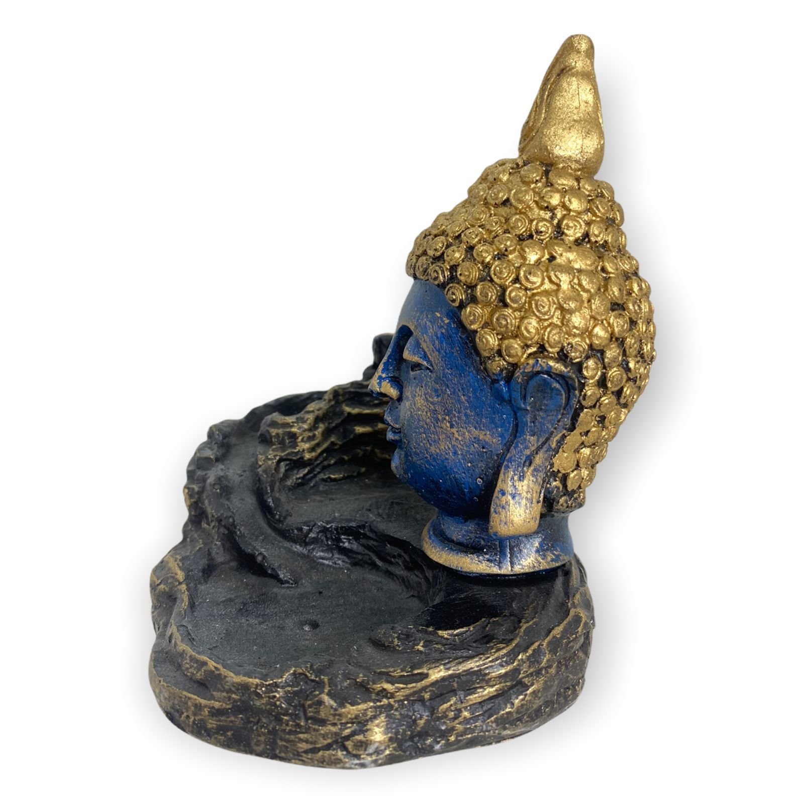Incensário cascata Cabeça de buda azul 11 cm em resina - meditação