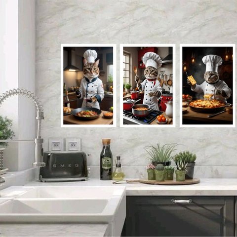 Kit 3 Quadros para Cozinha Gatos Cozinheiros 33x24cm - com Vidro:moldura Branca