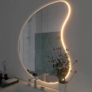 Espelho 60x40 com Led Amarelo Organico Forma Irregular com Fonte Bivolt