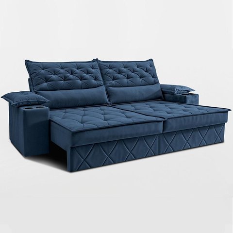 Sofá Retrátil e Reclinável 2,10m com Porta Copos e Molas Cosmos Velusoft Azul Cama Inbox