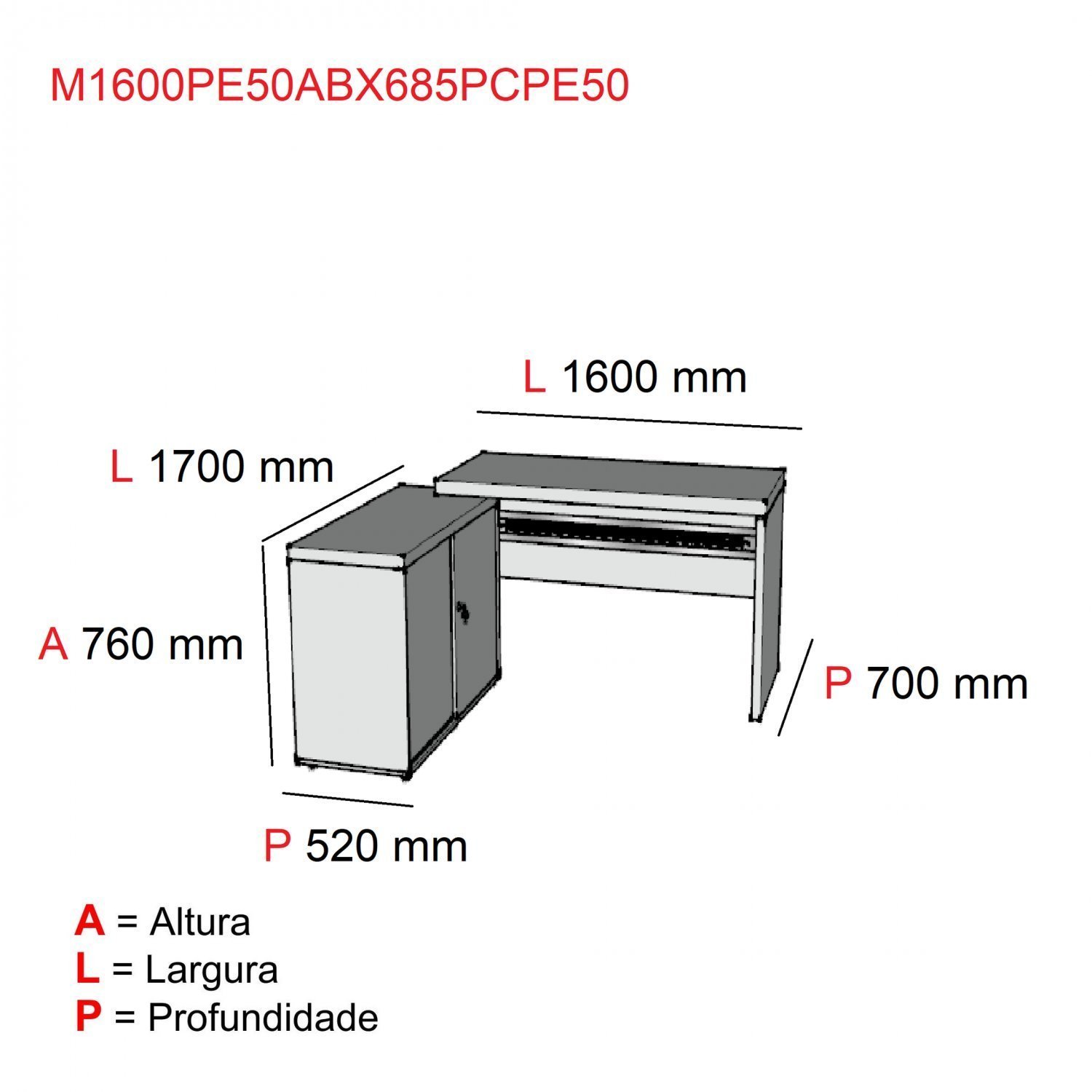 Mesa para Escritório em L Diretor com Balcão 160 x 70 cm ML1600PE50  - 3