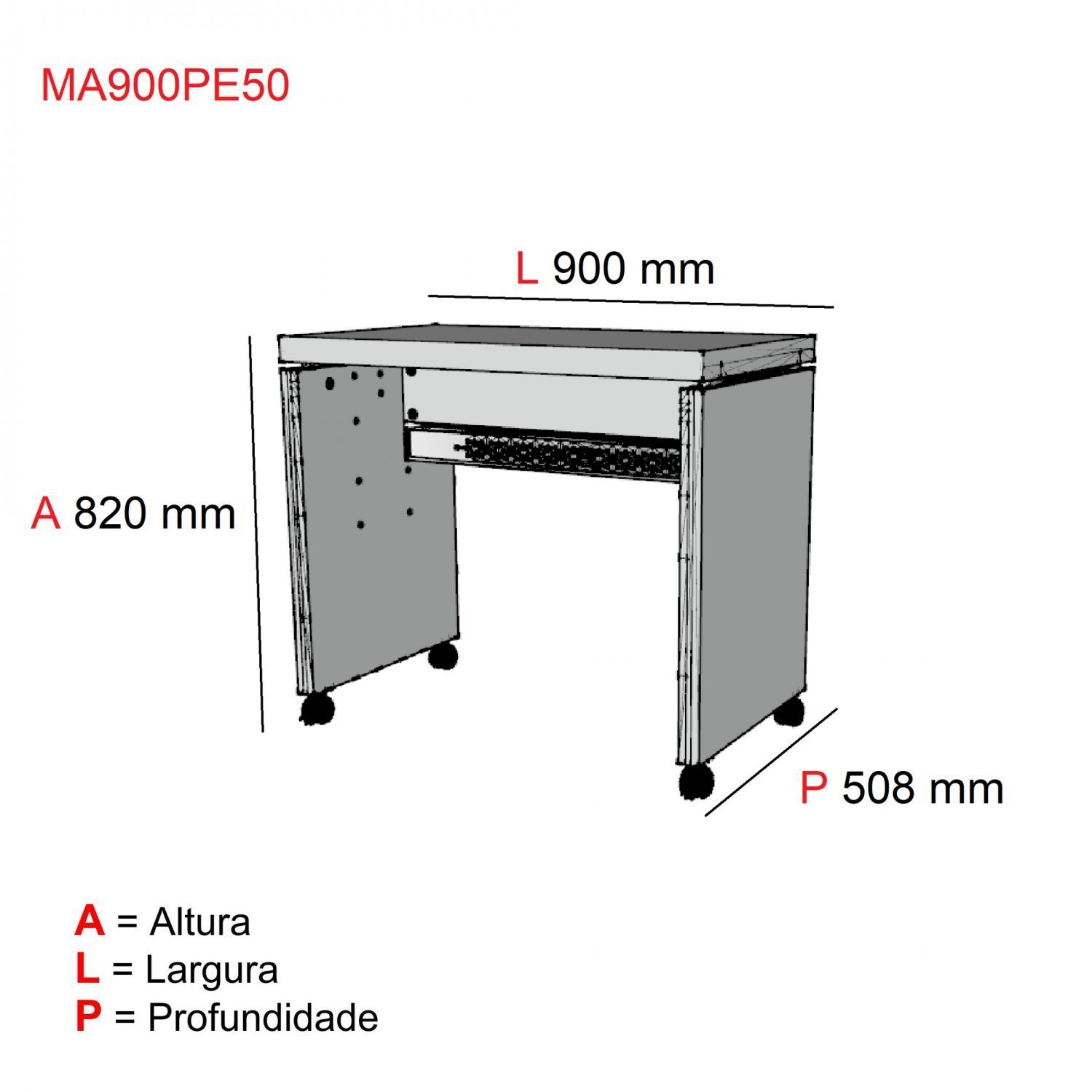 Mesa para Escritório Diretor 90cm com Rodízios PE50  - 3