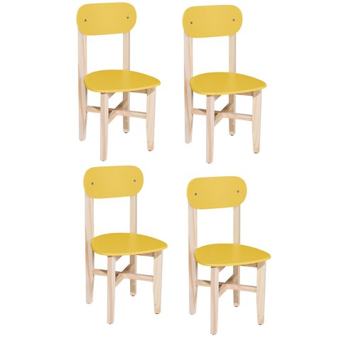 Kit 4 Cadeiras Colorê Infantil Assento e Encosto Amarelo Base em Madeira Maciça Pinus