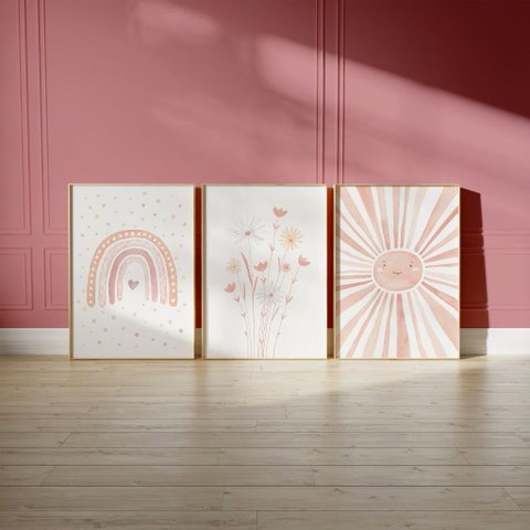Kit 3 Quadros Decorativos Infantil - Boho Delicado NO2 - 30x40 - Moldura Madeira