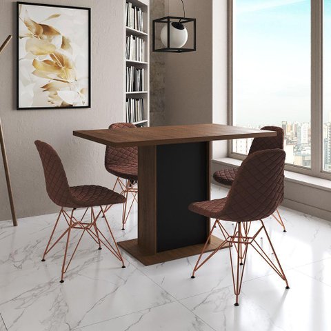 Mesa Jantar Londres Tampo Amêndoa 120cm Base Preta 4 Cadeiras Base Cobre Estofado Caramelo