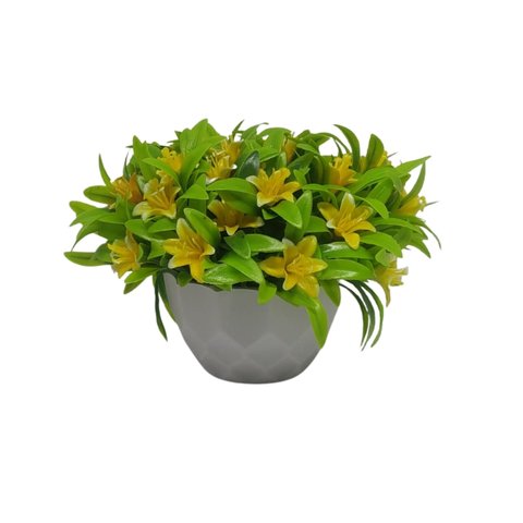 Vaso Geométrico Decorativo + 1 Arranjo de Flor Artificial - Amarelo/Branco