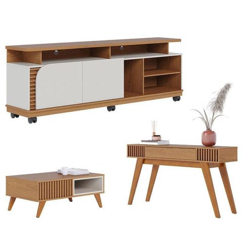 Rack Bancada Jurerê 1.8 com Mesa Centro Jeri Freijó Off White Matte+Aparador Riviera Freijó–