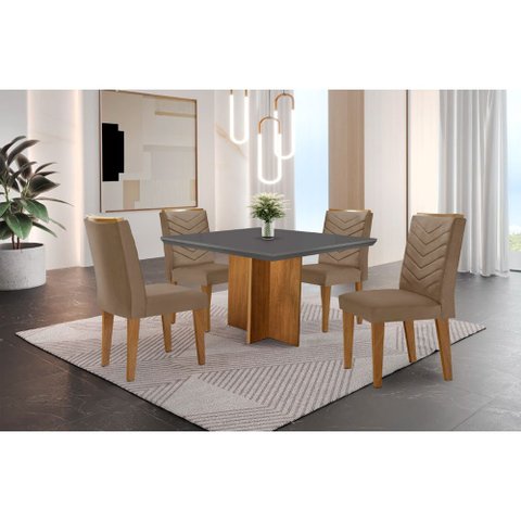 Conjunto Sala de Jantar Mesa Olímpia 90cm Mdf Canto Reto e 4 Cadeiras Liz Moderna