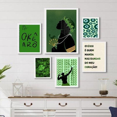 Composição Quadros Decorativos Oxóssi verde - com Vidro:madeira Branca