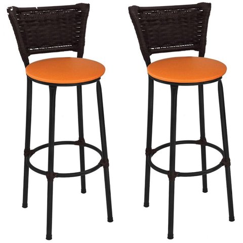 Kit 2 Banquetas Altas Preta com Encosto Junco Argila Assento Laranja