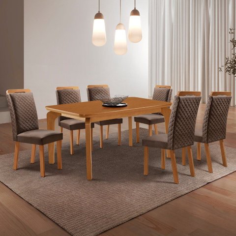 Mesa de Jantar Liz 180cm Tampo MDF Laminado Canto Copo com 6 Cadeiras Lorena